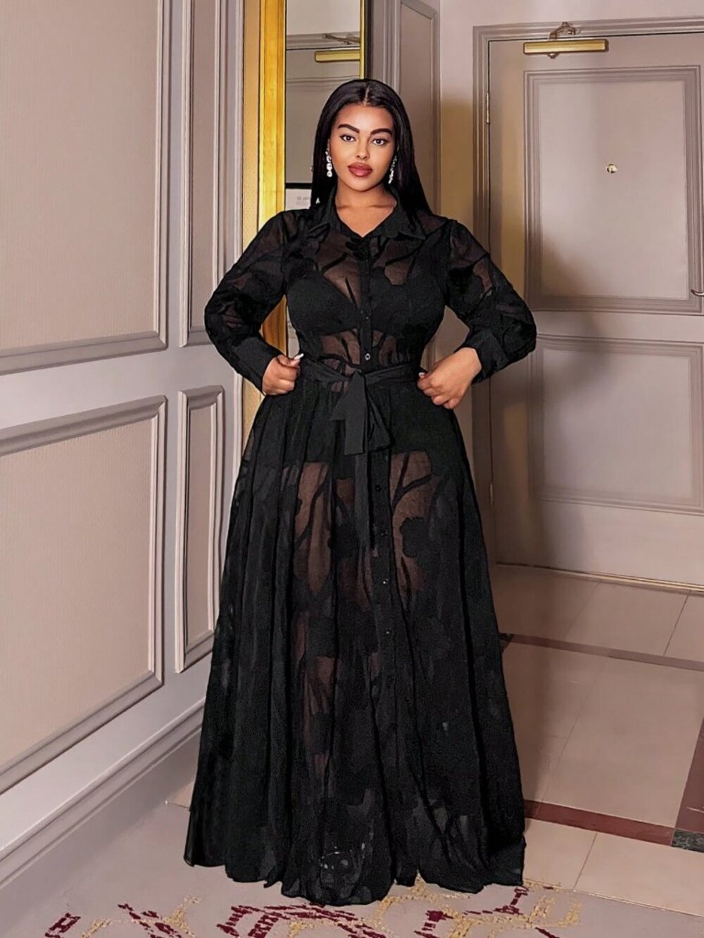Black Elegant Women's Plus Size Long Sleeve Front Button Sheer maxi Dress - Picture 5 of 6